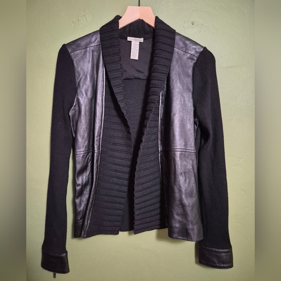 White + Warren Merino Wool Leather Trim Jacket Black Size S